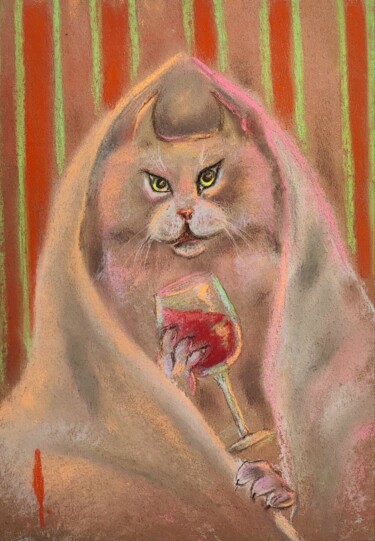 "Cat.Blanket.Wine" başlıklı Resim Olesya Nikolaeva tarafından, Orijinal sanat, Pastel