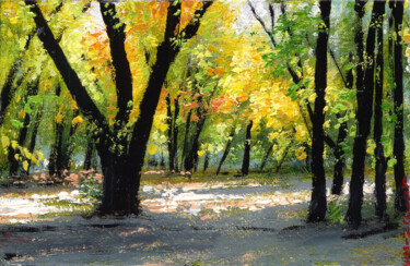Painting titled "WALK & AUTUMN" by Victor Arseni, Original Artwork, Acrylic Mounted on Cardboard