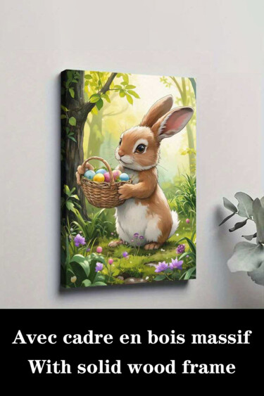 Printmaking titled "Easter Bunny with C…" by Jiang Hua Liang, Original Artwork, Inkjet Mounted on Wood Stretcher frame