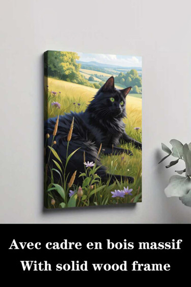 Printmaking titled "Black Cat in Meadow" by Jiang Hua Liang, Original Artwork, Inkjet Mounted on Wood Stretcher frame