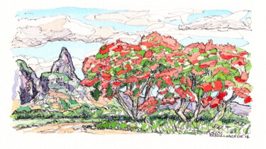 Картина под названием "Flamboyants à Bassin" - Pascal Lagesse, Подлинное произведение искусства, Акварель