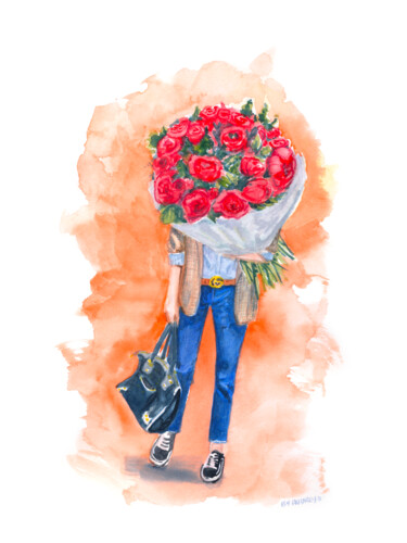 Painting titled "Enigmatic Denim Cli…" by Audrey Dostes, Original Artwork, Watercolor