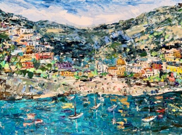 Painting titled "Large Amalfi Coast…" by Vilma Gataveckiene, Original Artwork, Oil