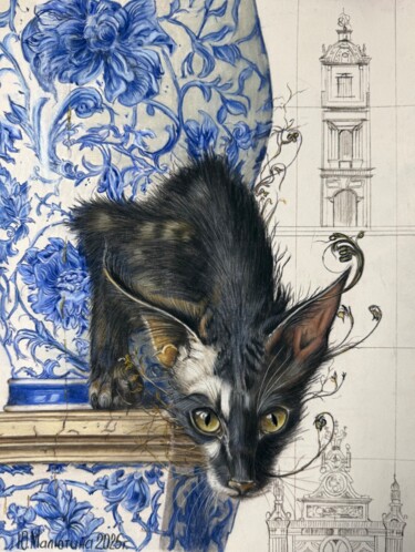 Картина под названием "Curiosity in Blue" - Yulia Malyutina, Подлинное произведение искусства, Пастель