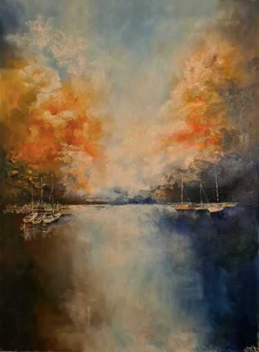 Painting titled "BOATS AT THE LAKE" by Arkadi Sevumyan, Original Artwork, Oil