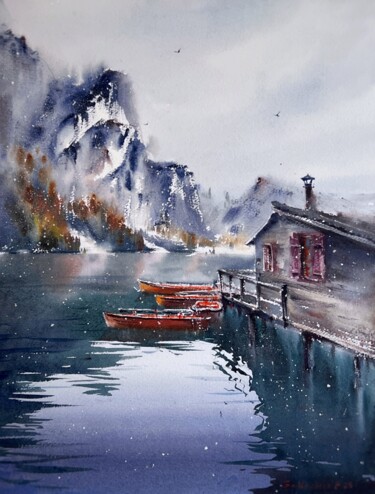 Painting titled "Boats on Lake Braie…" by Eugenia Gorbacheva, Original Artwork, Watercolor