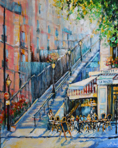 Painting titled "Droga do Sacré-Cœur…" by Ana Smarz, Original Artwork, Acrylic Mounted on Wood Stretcher frame