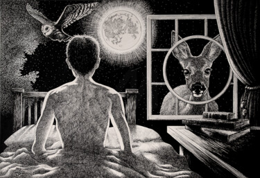 Dessin intitulée "Dialogue intérieur" par Karolus, Œuvre d'art originale, Encre