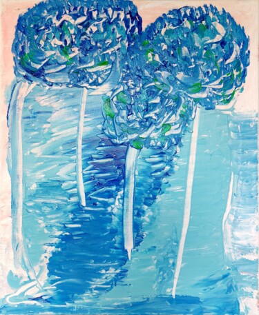 Malerei mit dem Titel "Hortensias Bleus" von Orlane Grelet, Original-Kunstwerk, Acryl Auf Keilrahmen aus Holz montiert