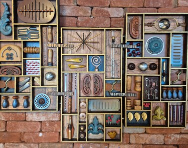 Коллажи под названием "Urbanic mosaic- Trio" - Gabi Brom, Подлинное произведение искусства, Дерево