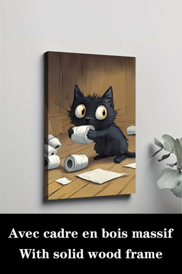 Printmaking titled "Little Black Cat An…" by Jiang Hua Liang, Original Artwork, Inkjet Mounted on Wood Stretcher frame