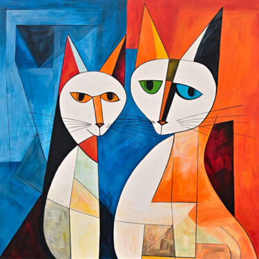 Painting titled "Two Cubist Cats in…" by Viktoriia Gladkova, Original Artwork, Acrylic