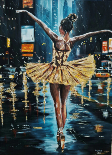 Peinture intitulée "Gold Ballerina in N…" par Aniart, Œuvre d'art originale, Huile Monté sur Châssis en bois