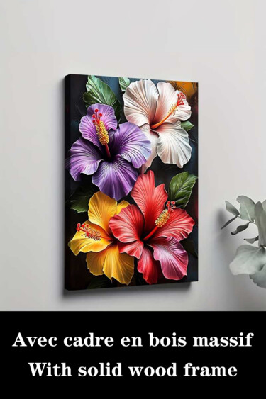 Printmaking titled "Bright Hibiscus Flo…" by Jiang Hua Liang, Original Artwork, Inkjet Mounted on Wood Stretcher frame