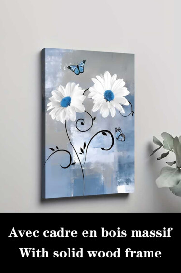 Gravures & estampes intitulée "Blue Daisy Butterfl…" par Jiang Hua Liang, Œuvre d'art originale, Jet d’encre Monté sur Châss…