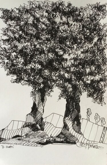 Dibujo titulada "LES DEUX ARBRES NOV" por Dominique Corti, Obra de arte original, Tinta