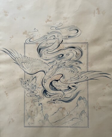 Картина под названием "Flight of the Simur…" - Shahrzad Momenzadeh, Подлинное произведение искусства, Чернила