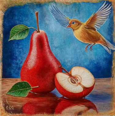 "Red fruits and a ca…" başlıklı Tablo Sergey Suslov tarafından, Orijinal sanat, Petrol Karton üzerine monte edilmiş