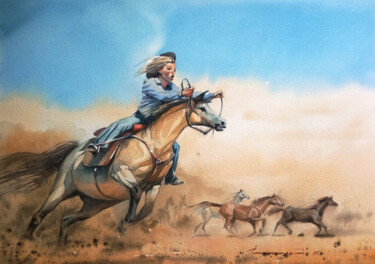 Painting titled "Cowboy" by Oleksandr Imshenetskyi, Original Artwork, Watercolor