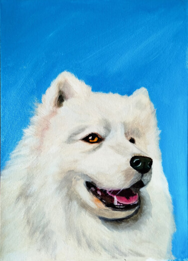 "White Dog Portrait" başlıklı Tablo Mavira tarafından, Orijinal sanat, Petrol Karton üzerine monte edilmiş