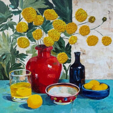 Painting titled "golden balls" by Elena Polischuk, Original Artwork, Oil Mounted on Wood Stretcher frame