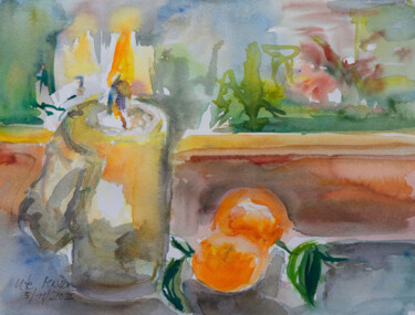 Painting titled "Kerzenlicht mit Kle…" by Ute Meyer, Original Artwork, Watercolor Mounted on Cardboard