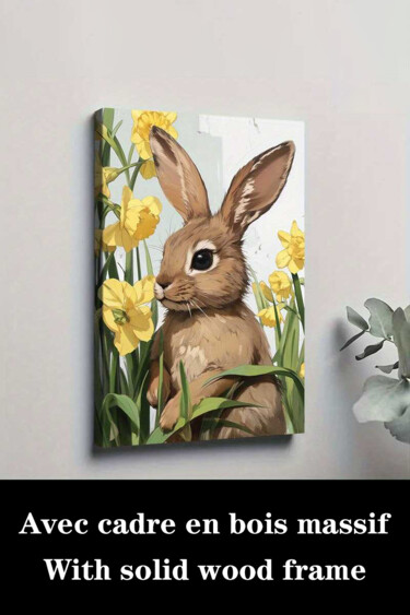Printmaking titled "Springtime Bunny wi…" by Jiang Hua Liang, Original Artwork, Inkjet Mounted on Wood Stretcher frame