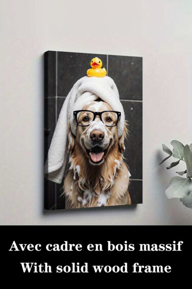 Printmaking titled "Golden Retriever Pu…" by Jiang Hua Liang, Original Artwork, Inkjet Mounted on Wood Stretcher frame