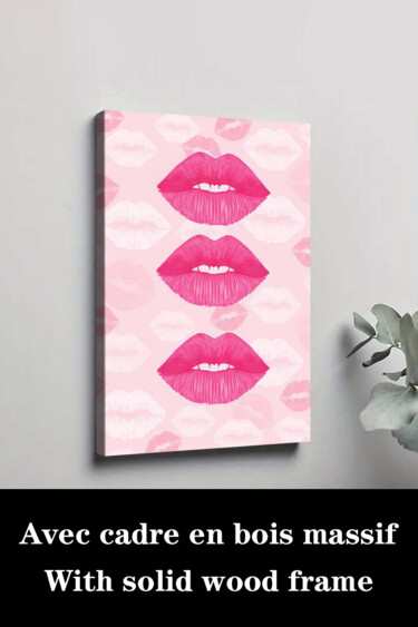 Printmaking titled "Bold Pink Lips Pop…" by Jiang Hua Liang, Original Artwork, Inkjet Mounted on Wood Stretcher frame