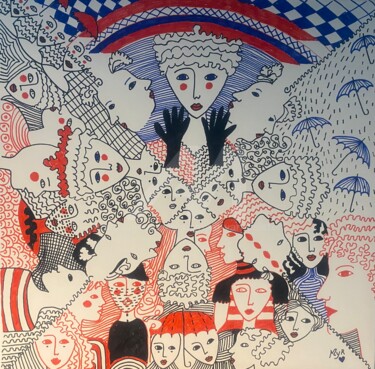 Malerei mit dem Titel "People 3" von Myriam Van Calster, Original-Kunstwerk, Kugelschreiber Auf Keilrahmen aus Holz montiert