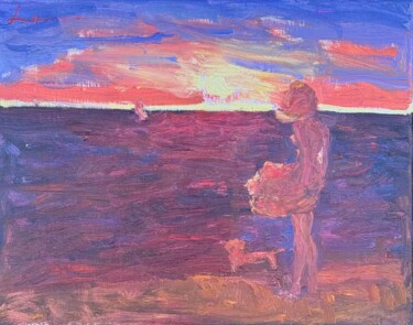 Painting titled "VOILE ROSE AU LOIN…" by Loudmila Harscouet, Original Artwork, Oil Mounted on Wood Stretcher frame