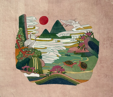 "Cranes basking in t…" başlıklı Tablo Yunika Oh tarafından, Orijinal sanat, Guaş boya