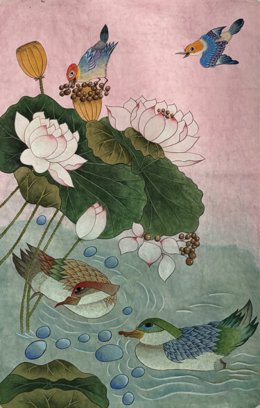 "Lotus Flowers and M…" başlıklı Tablo Yunika Oh tarafından, Orijinal sanat, Guaş boya