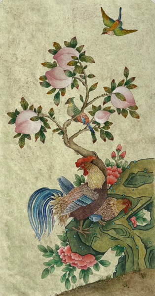 "Roosters with Peach…" başlıklı Tablo Yunika Oh tarafından, Orijinal sanat, Guaş boya