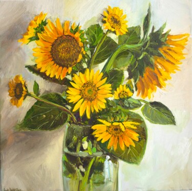 绘画 标题为“Sunflowers in a Vas…” 由Leyla Demir, 原创艺术品, 油 安装在木质担架架上