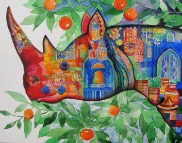 Schilderij getiteld "Rhinocéros à MARRAK…" door Oxana Zaika, Origineel Kunstwerk