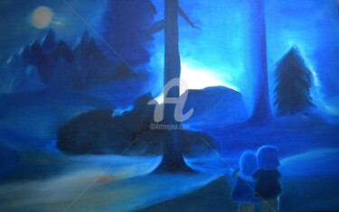 Peinture intitulée "lune et fôret" par Noëlle Dauby, Œuvre d'art originale