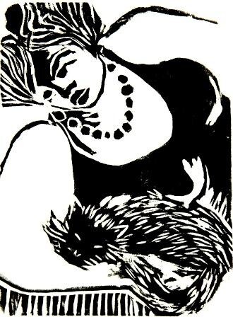 Mulher com gato Impressões e gravuras intitulada "Mulher com gato" por Maria Lucia Pacheco, Obras de arte originais, Xilogravura
