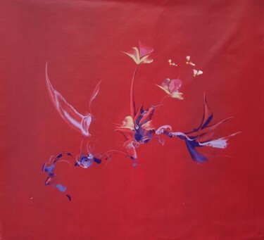 Painting titled "rougemauveoiseau" by Delphine Bernard, Original Artwork, Oil