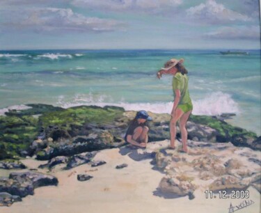 Painting titled "Enfants à Playa del…" by Azucena, Original Artwork, Oil Mounted on Wood Stretcher frame