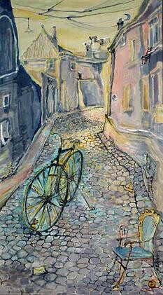 Peinture intitulée "Blue bicycle" par Bozena Kwiatkowska, Œuvre d'art originale