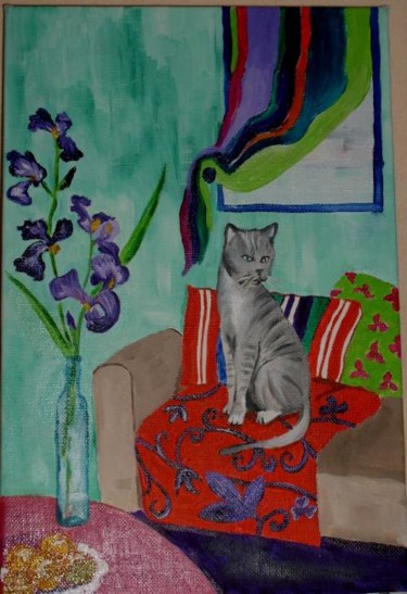 Peinture intitulée "Chat au bouquet d'i…" par Nadege Frazié, Œuvre d'art originale