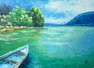 La Barque bleue - Sévrier - Haute Savoie - Rhône Alpes - France - Réf: 147Fg Peinture intitulée "La Barque bleue - S…" par Aberius, Œuvre d'art originale, Huile