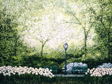 Printmaking titled "Central Park, Spring" by Patrick Antonelle, Original Artwork, Oil Mounted on Wood Stretcher frame