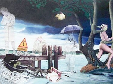 绘画 标题为“Le lac aux tourments” 由Dominique Boucher, 原创艺术品, 圆珠笔 安装在纸板上