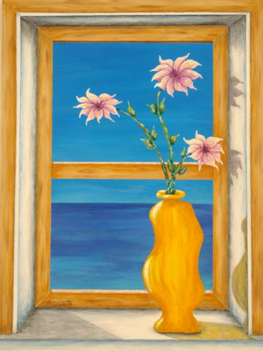 Yellow Vase Painting titled "Yellow Vase" by Allegretto, Original Artwork, Acrylic Mounted on Wood Stretcher frame
