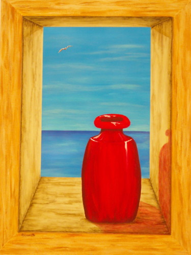 Red Vase 绘画 标题为“Red Vase” 由Allegretto, 原创艺术品, 丙烯 安装在木质担架架上