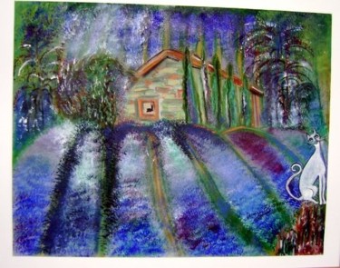 Peinture intitulée "CHAT DANS LA LAVANDE" par Dominique Bertrand, Œuvre d'art originale, Pastel Monté sur Autre panneau rigi…