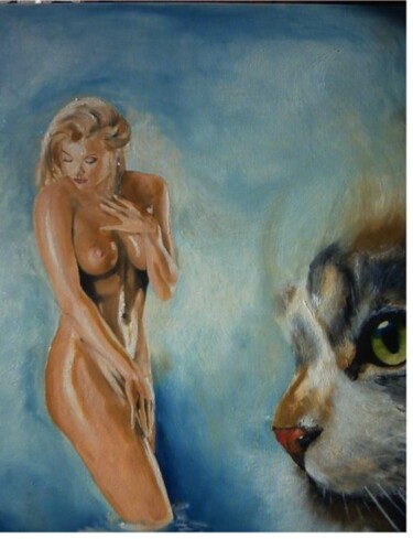 la belle et le chat#artistsupportpledge Peinture intitulée "la belle et le chat…" par Manu Surreabulliste, Œuvre d'art originale, Huile Monté sur Châssis en bois