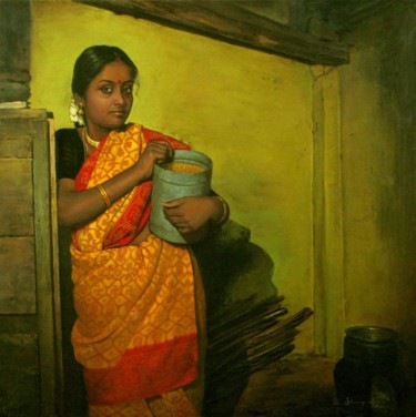 Pintura intitulada "women with wessel4" por S.Elayaraja, Obras de arte originais